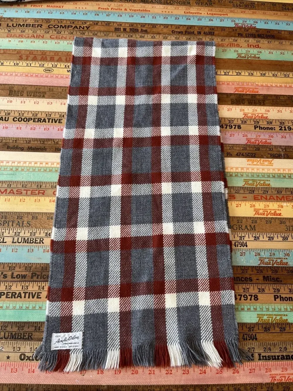 Vintage Plaid Scarf Orange Gray Orlon Made In USA Checkered 1950s 50X11